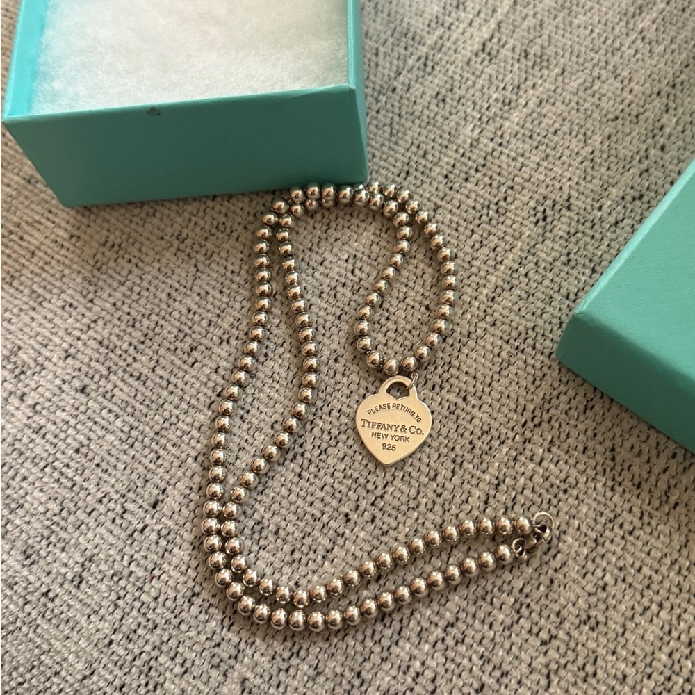 Tiffany & Co. Silver Heart Tag Beaded Necklace